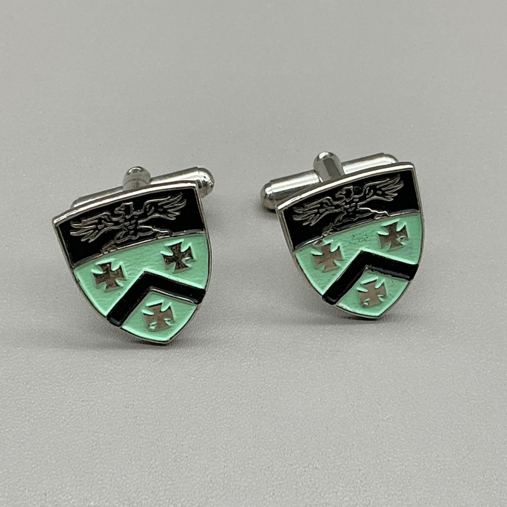 Vintage Heraldic Crest Shield Eagle Cufflinks Silver Tone Green Enamel